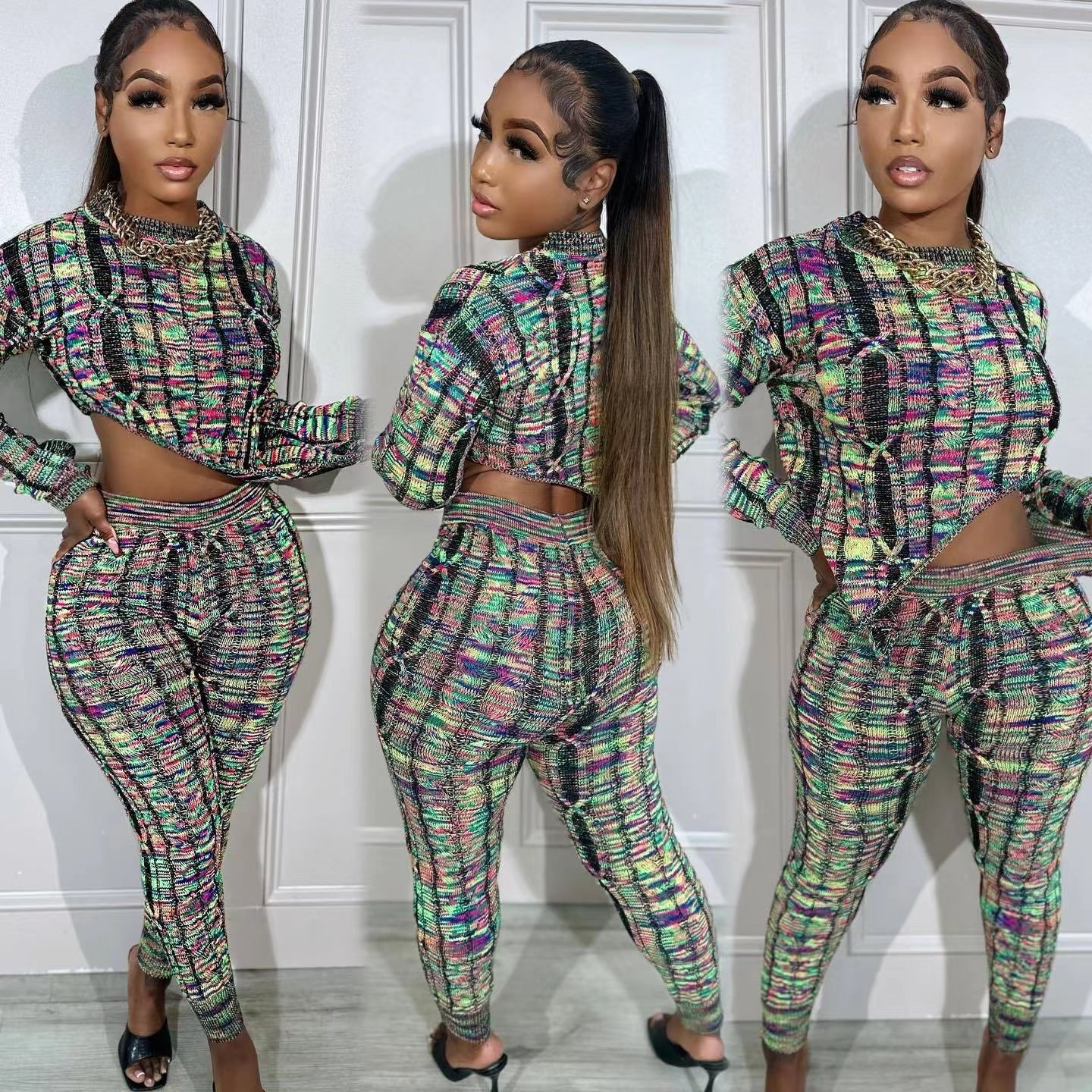 High Collar Irregular Hem Knitting Two-Piece Suit
