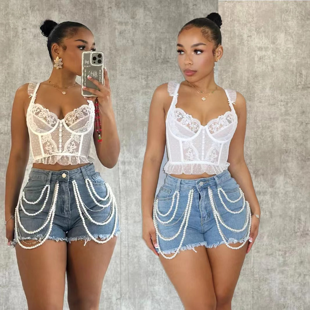 Men's Pearl Embellished Wide Leg Denim Shorts