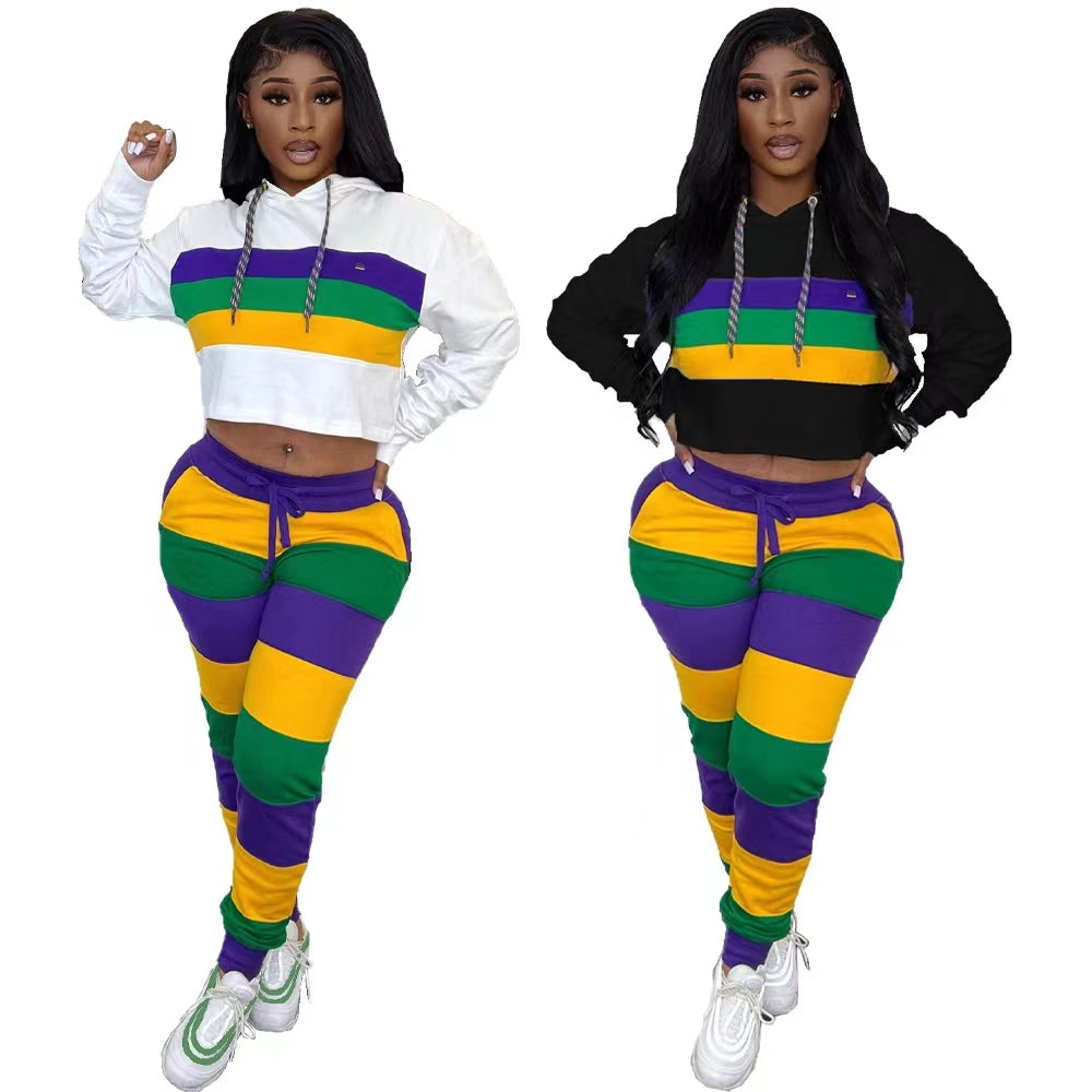 Long-sleeved striped positional print hooded two-piece set（CL12075 ...